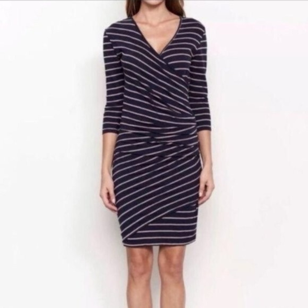 Anthropologie Sundry Navy Striped V-Neck Faux Wrap 3/4 sleeve Dress